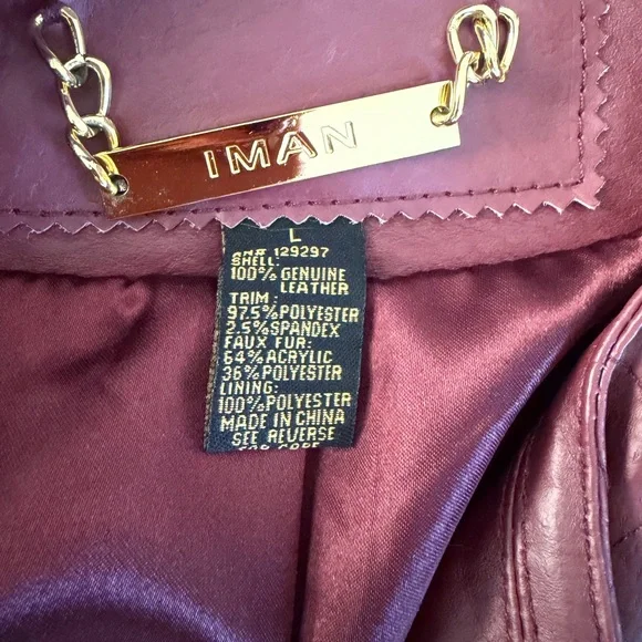 Women’s IMAN Quilted Maroon Leather Jacket - Size Large. - Picture 2 of 2